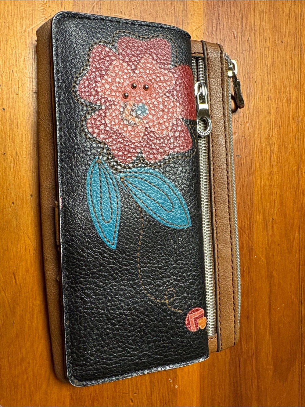 Relic Black Wallet with Pink Flower & Blue Leaves